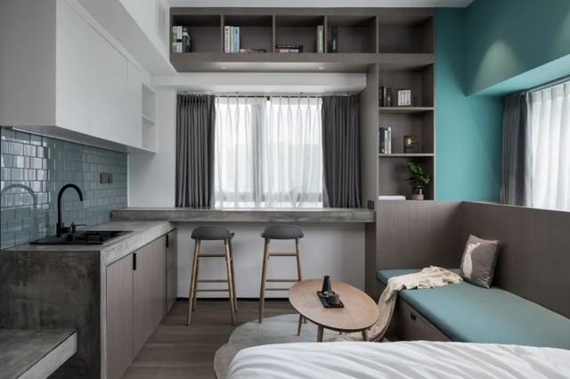 酒店公寓裝修效果圖(35㎡酒店式開(kāi)間單身公寓，半平米都沒(méi)浪費(fèi)，還裝得很有檔次)(圖8)